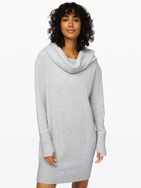 Lululemon Along the Way Dress Light Gray Cowl Neck Sweater Dress Ribbed Slouchy